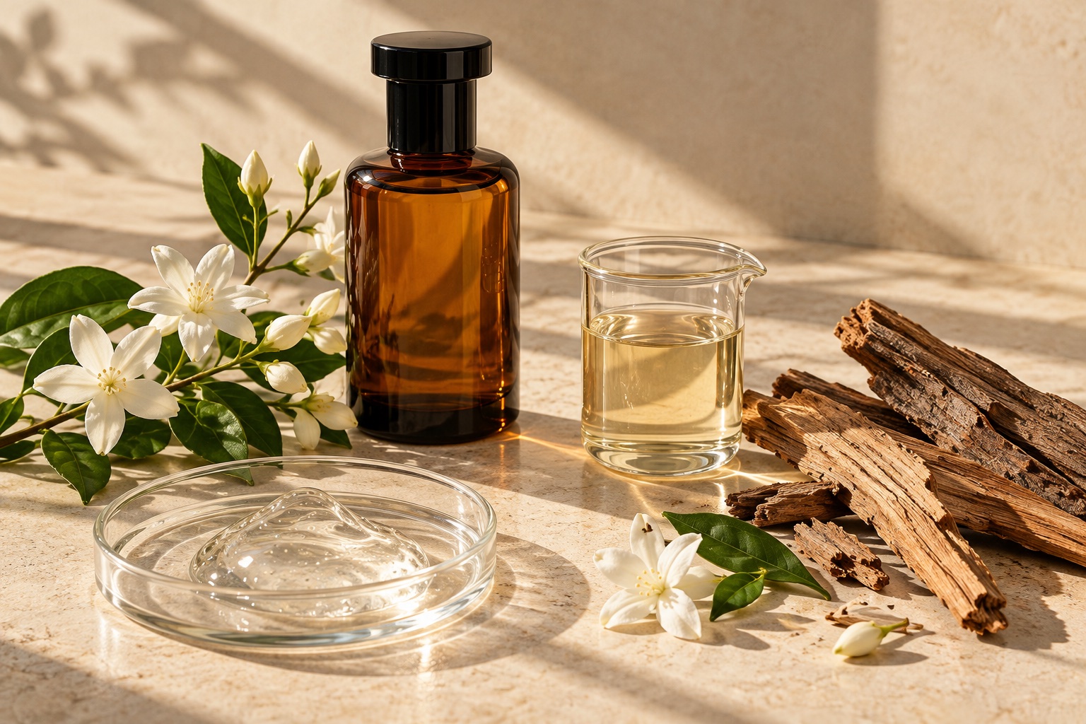 Illustrative amber fragrance bottle with jasmine and cedar